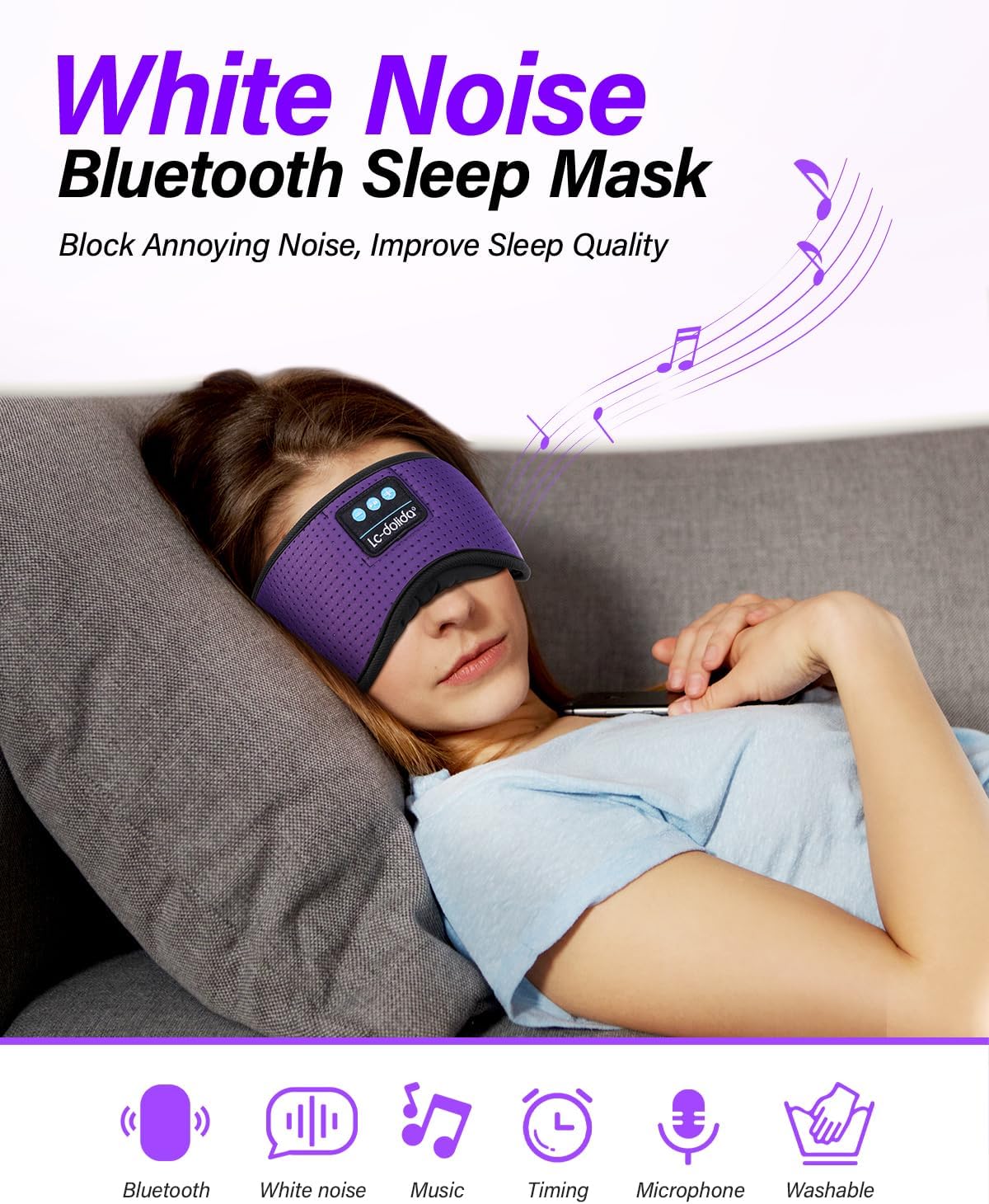 LC-dolida Sleep Headphones White Noise Bluetooth Sleep Mask 3D Breathable Wireless Eye Mask for Timing Sleep Mask with Bluetooth Headphones for Side Sleepers Travel Yoga Cool Gadgets for Women Men
