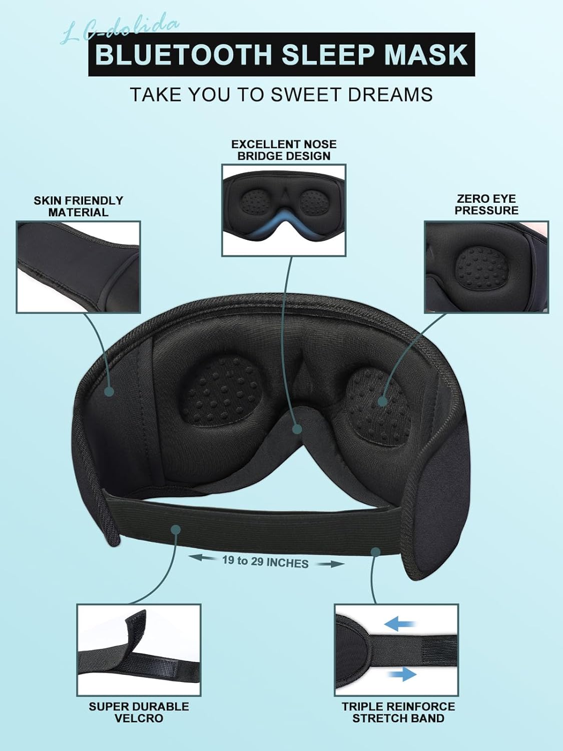 LC-dolida Sleep Headphones 3D Sleep Mask Bluetooth Wireless Music Eye Mask Sleeping Headphones for Side Sleepers