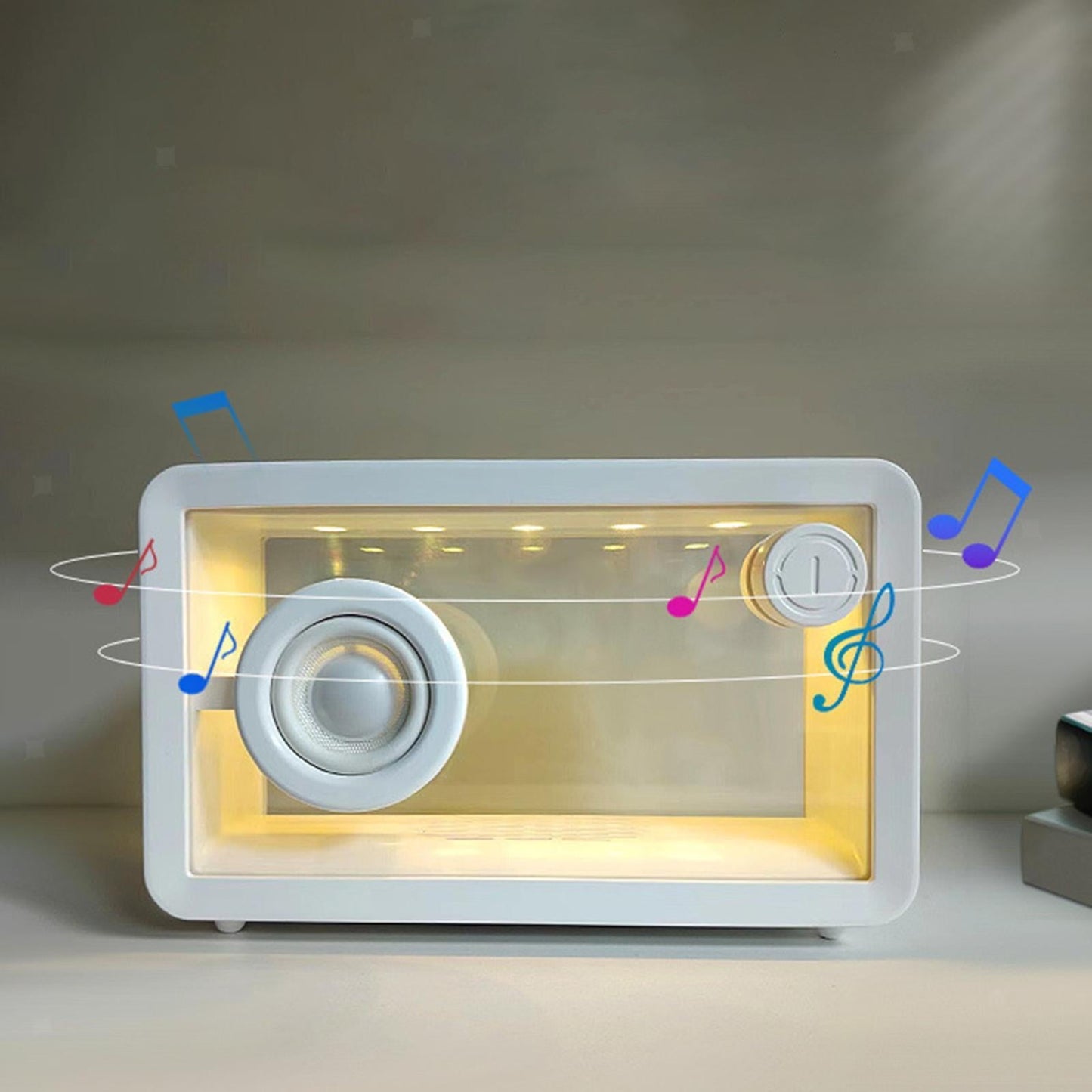 Portable Retro Bluetooth Speaker Transparent Glass Hi-Fi Audio Speaker DIY Desktop Speaker Bar Colorful Ambient Light Music Player for Computer、Office、Shower White