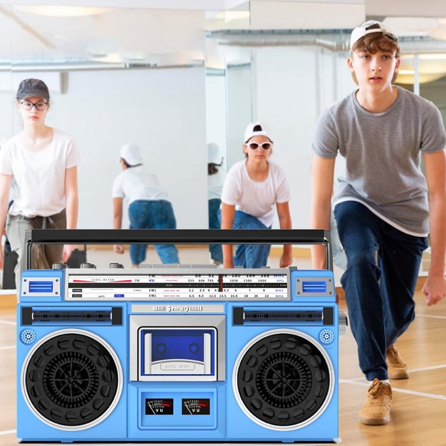 Portable Cassette Boombox CD Tape Player 80s Retro Bluetooth Boombox Support SD/USB Input with AM/FM Radio Cassette Recorder for Family Gathering Travel Street Dance Blue