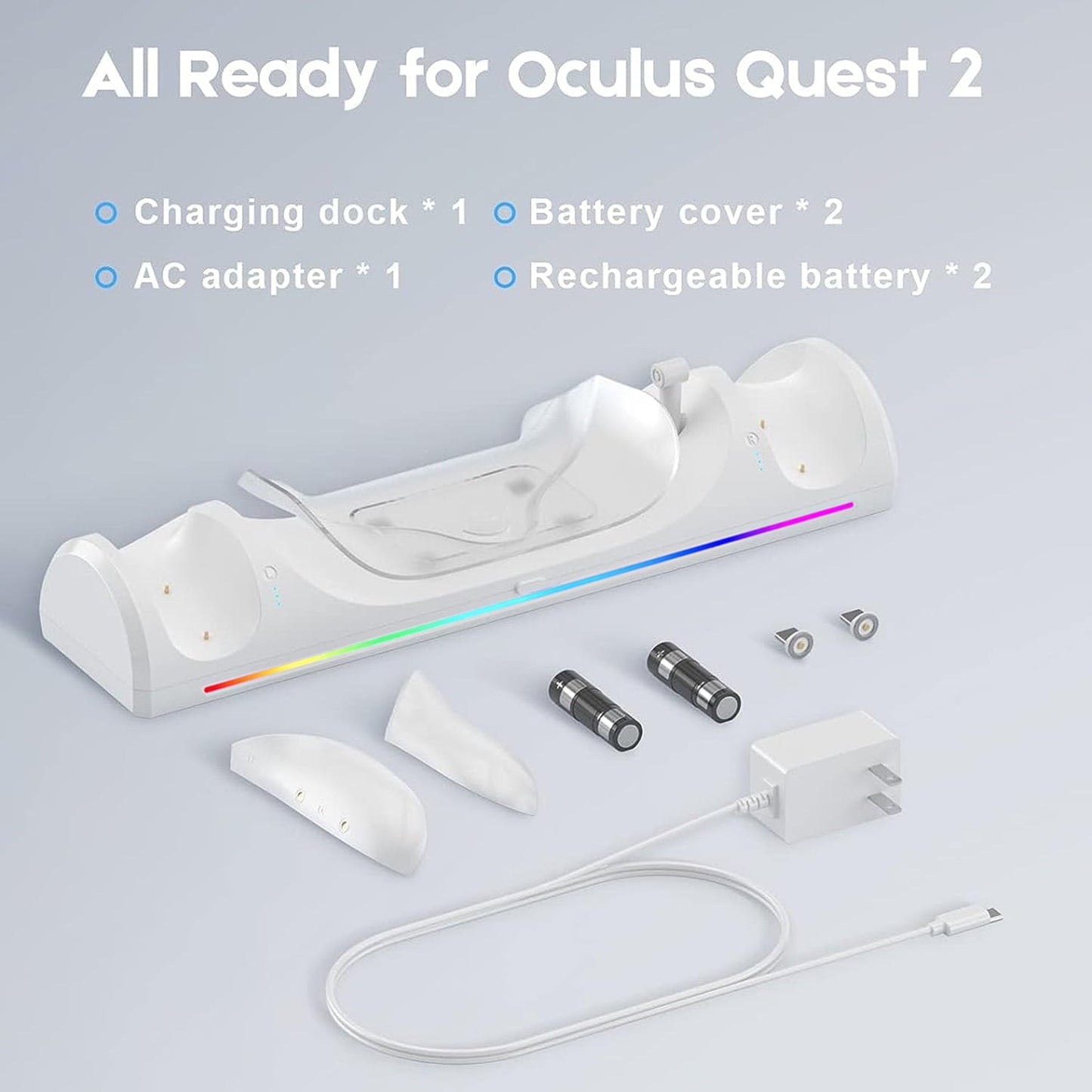 VR Charging Dock for Meta Quest 2 with RGB LED Light Magnetic Charging Station for Oculus Quest 2 VR Headset and Touch Controllers with 2 Rechargeable Batteries/Type-C Charger Cable