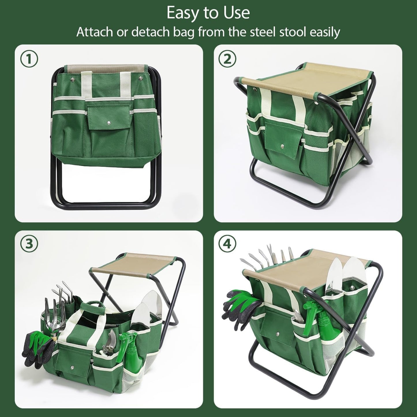Garden Tool Set 12 Piece Gardening Kit with Heavy Duty Folding Stool Gardening Tools with Detachable Canvas Storage Tote Bag Stainless Steel Outdoor Hand Garden Tools Gardening Gifts for Women Men