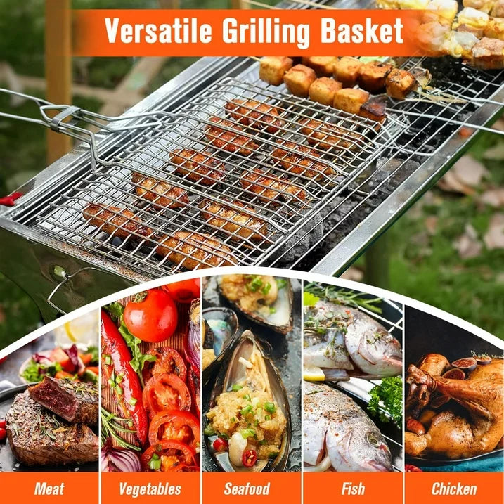 Grill Basket with Foldable Handle BBQ Basket Grill Accessories Stainless Steel BBQ Grill Mesh BBQ Vegetable Slices Basket Grill Basket Camping Grill Suitable for Vegetable Fries Fish
