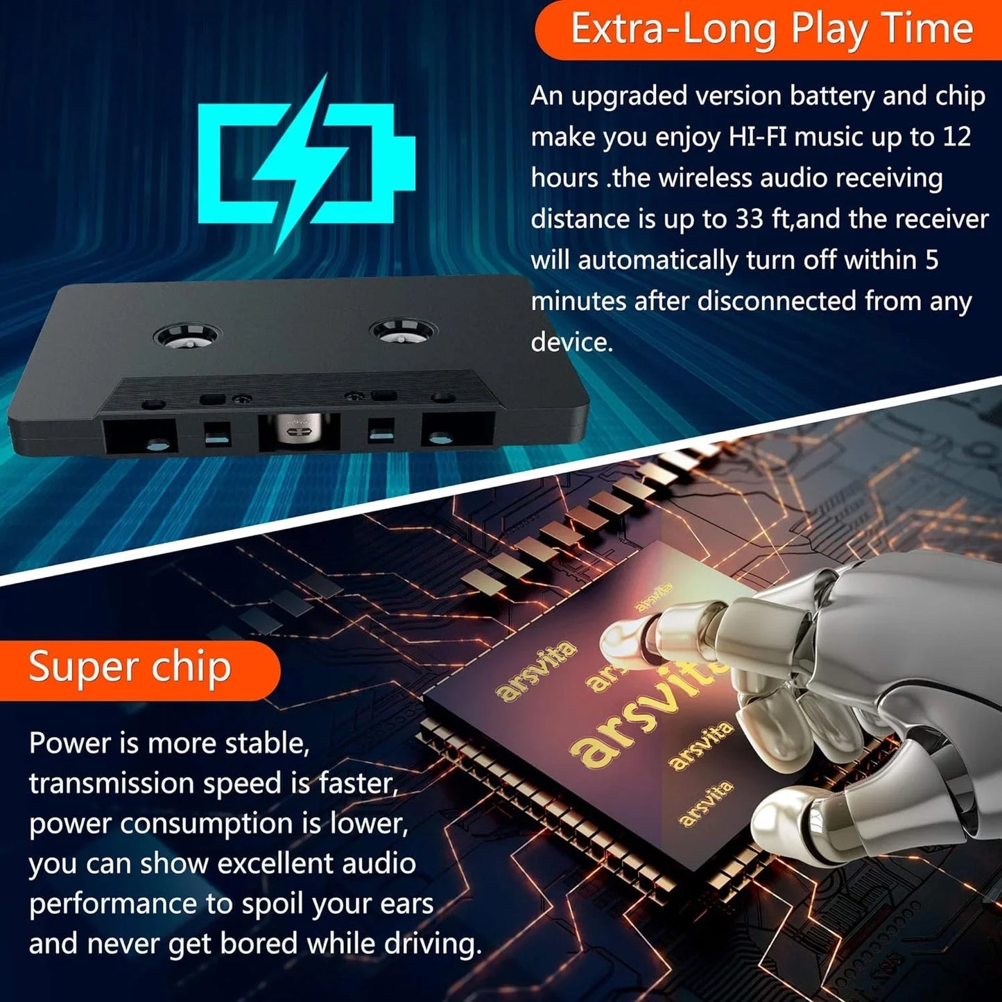 Wiher Car Audio Bluetooth Wireless Cassette Receiver Tape Player Bluetooth 5.0 Cassette Aux Adapter Black
