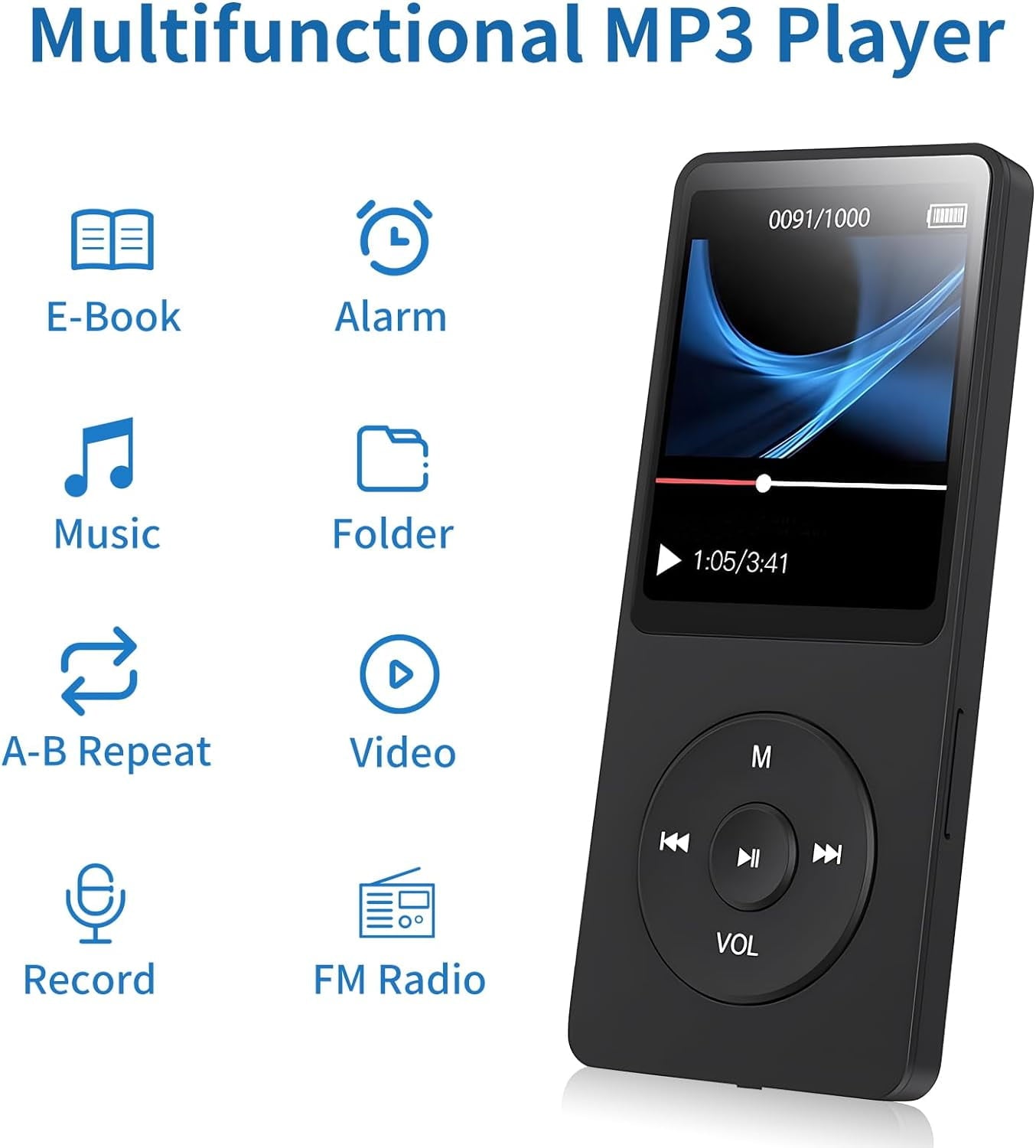MP3 Player Music Player with 64GB Micro SD Card Earphone Build-in Speaker/Photo/Video Play/FM Radio/Voice Recorder/E-Book Reader Supports up to 128GB for Kids Running Walking