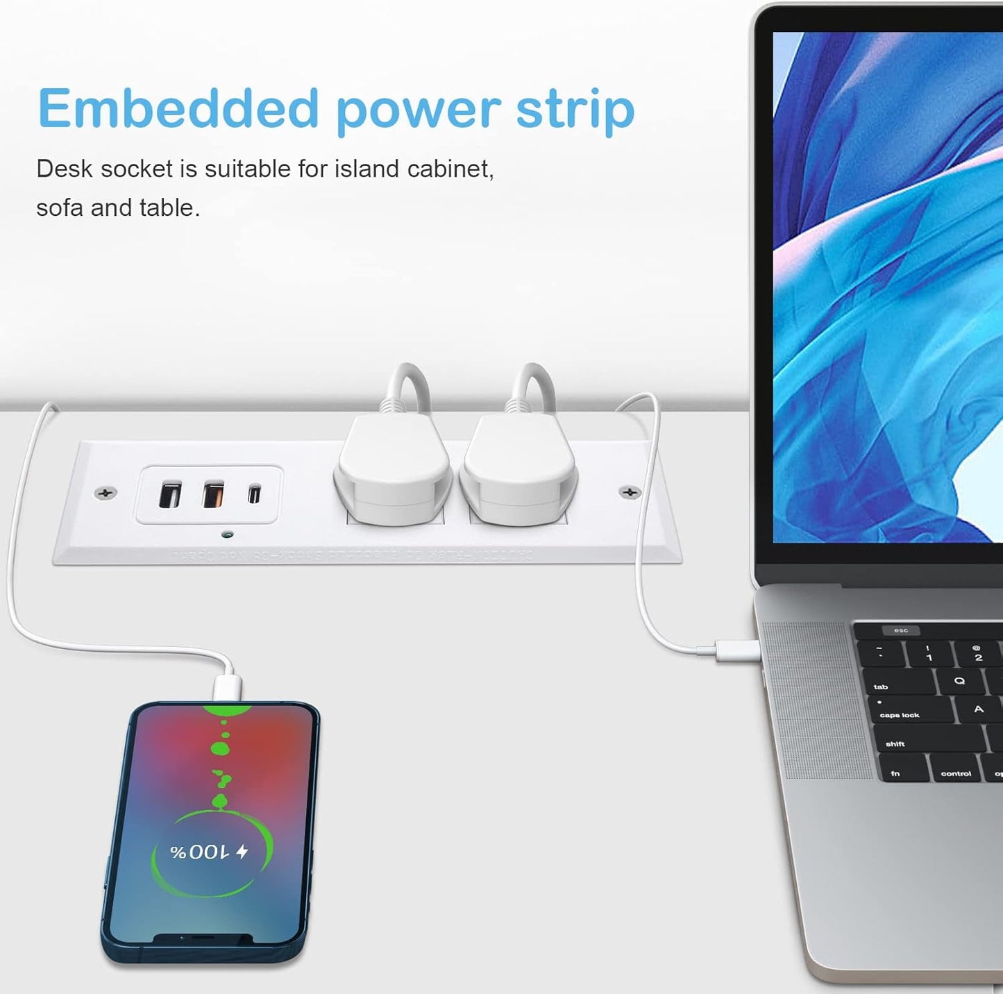 Recessed Power Strip with 20W USB C Port Fast Charging USB A Port Desk Outlet Furniture Hidden Charging Station for Side Table End Table with 6FT 45 Degree Flat Plug Extension Cord White