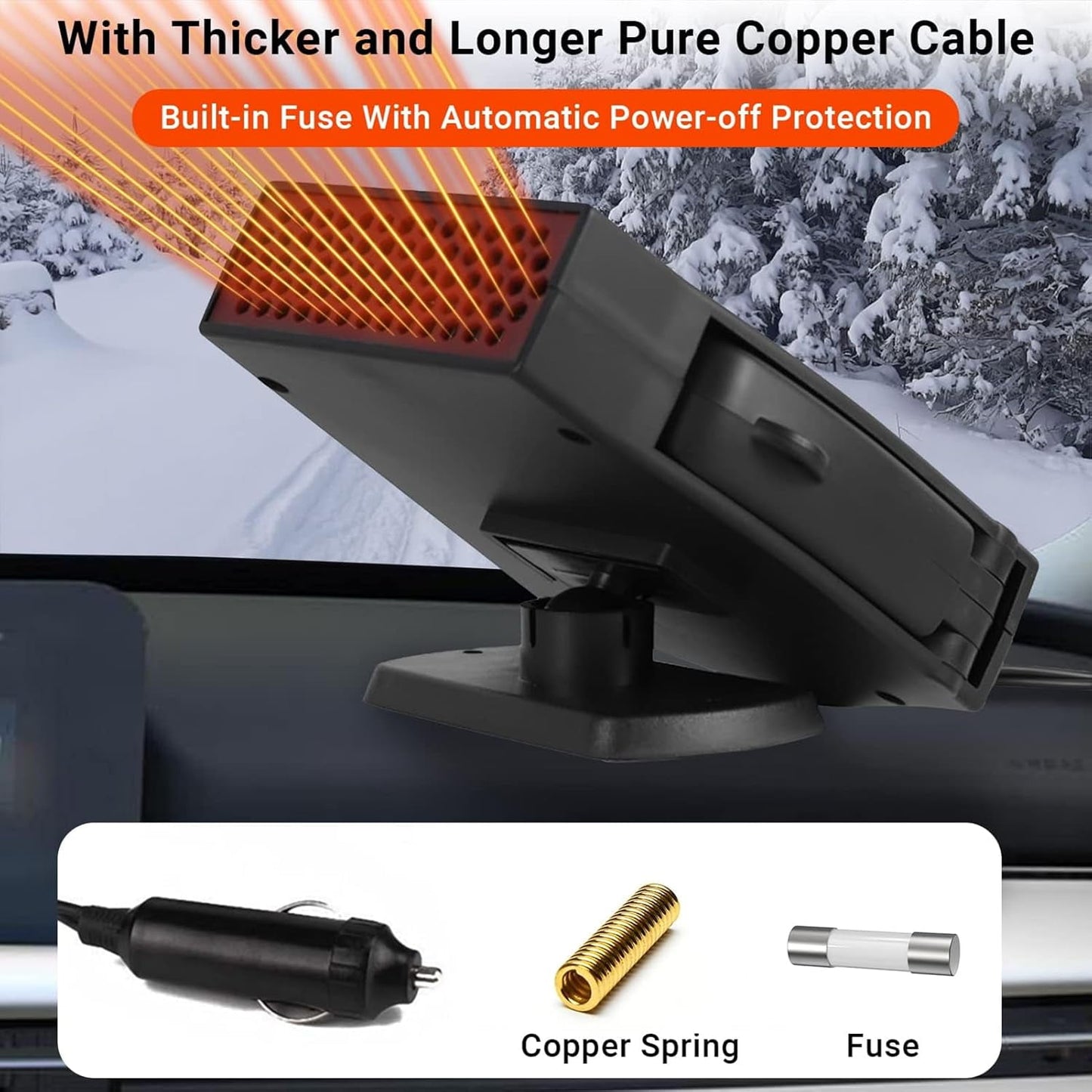 MUSICOZY Portable Car Heater 12V 200W Portable Car Heater and Defroster 360-Degree Rotation 2-in-1 Fast Heating Cooling Fan Car Windshield Defogger and Defroster with Smoke Igniter for All Cars Black