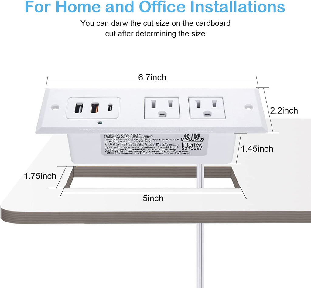 Recessed Power Strip with 20W USB C Port Fast Charging USB A Port Desk Outlet Furniture Hidden Charging Station for Side Table End Table with 6FT 45 Degree Flat Plug Extension Cord White