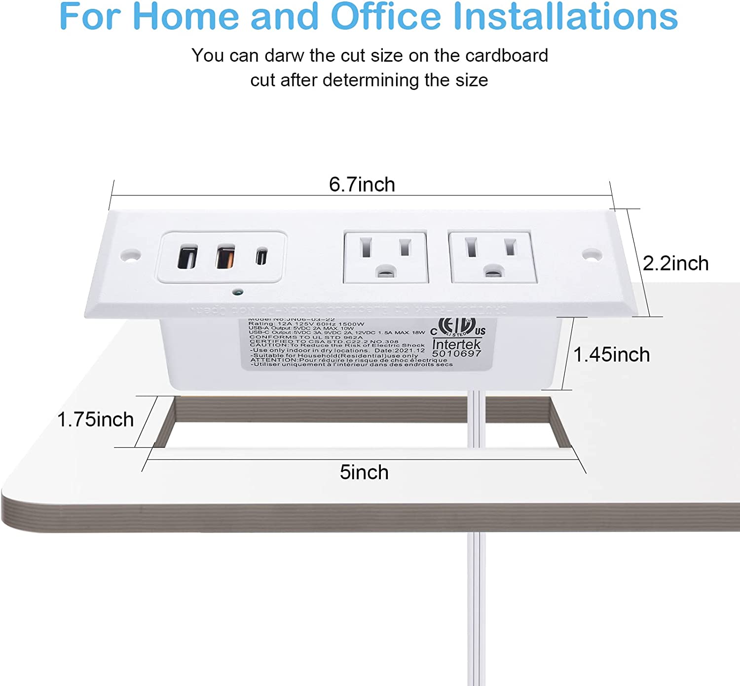Recessed Power Strip with 20W USB C Port Fast Charging USB A Port Desk Outlet Furniture Hidden Charging Station for Side Table End Table with 6FT 45 Degree Flat Plug Extension Cord White