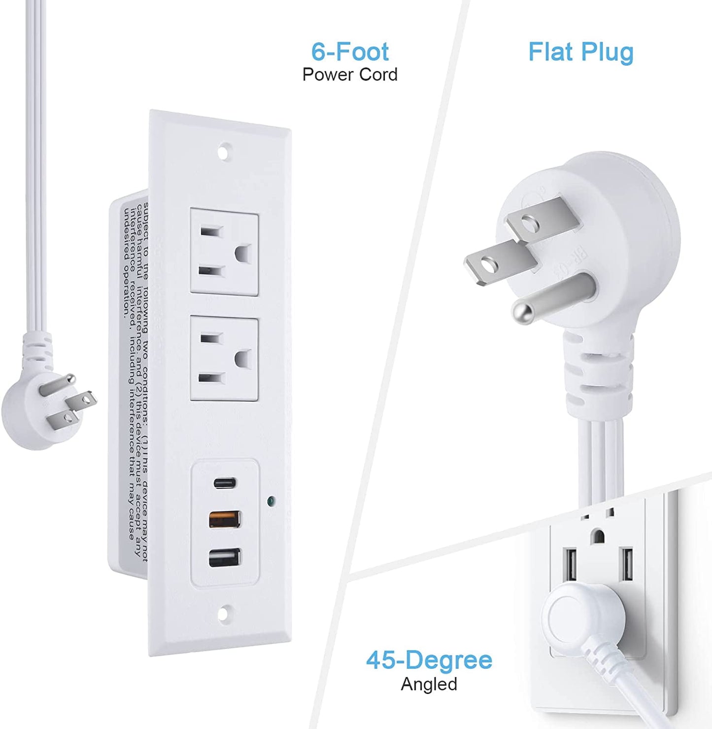 Recessed Power Strip with 20W USB C Port Fast Charging USB A Port Desk Outlet Furniture Hidden Charging Station for Side Table End Table with 6FT 45 Degree Flat Plug Extension Cord White