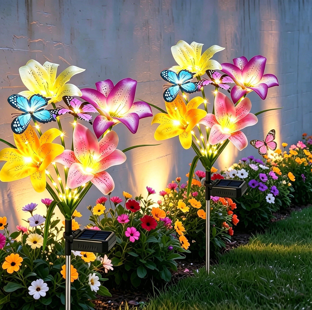 2 Pack Solar Garden Flower Lights Outdoor 8 Waterproof Solar Lilies with Butterflies Christmas Decorative Lights Outside Decor Stake Light for Landscape Yard Patio Lawn Gift for Women Mom Grandma