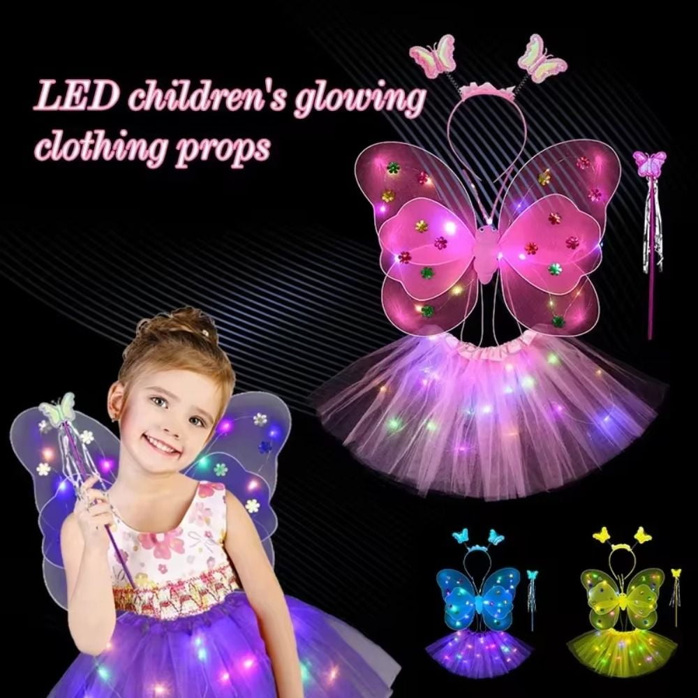 LED Children Costume Props Halloween Christmas gifts Fairy Princess Kids Costume Sets Butterfly Wings Wand Headband Tutu Skirt New Year Gifts for 3 4 5 6 7 8 Years Old Girls Blue with Light