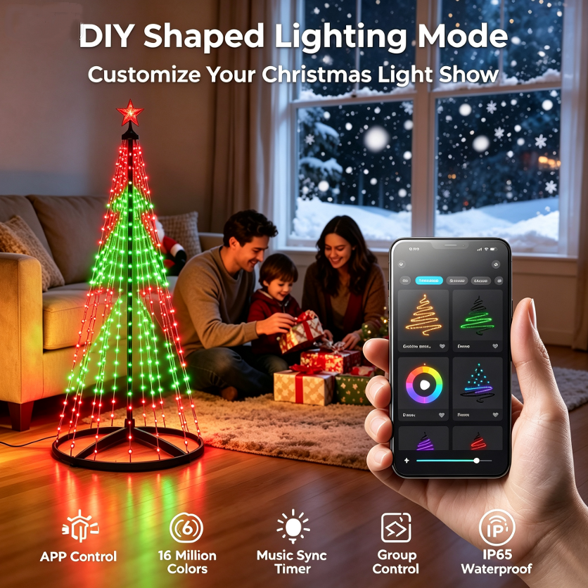 7FT Smart Christmas Tree Light IP65 RGB Christmas LED Lights 16 Mil Color Changing APP & Remote Control Music Sync Timer Group Control String Lights Xmas Decor Patio Beach Pool Cruise Party Gift