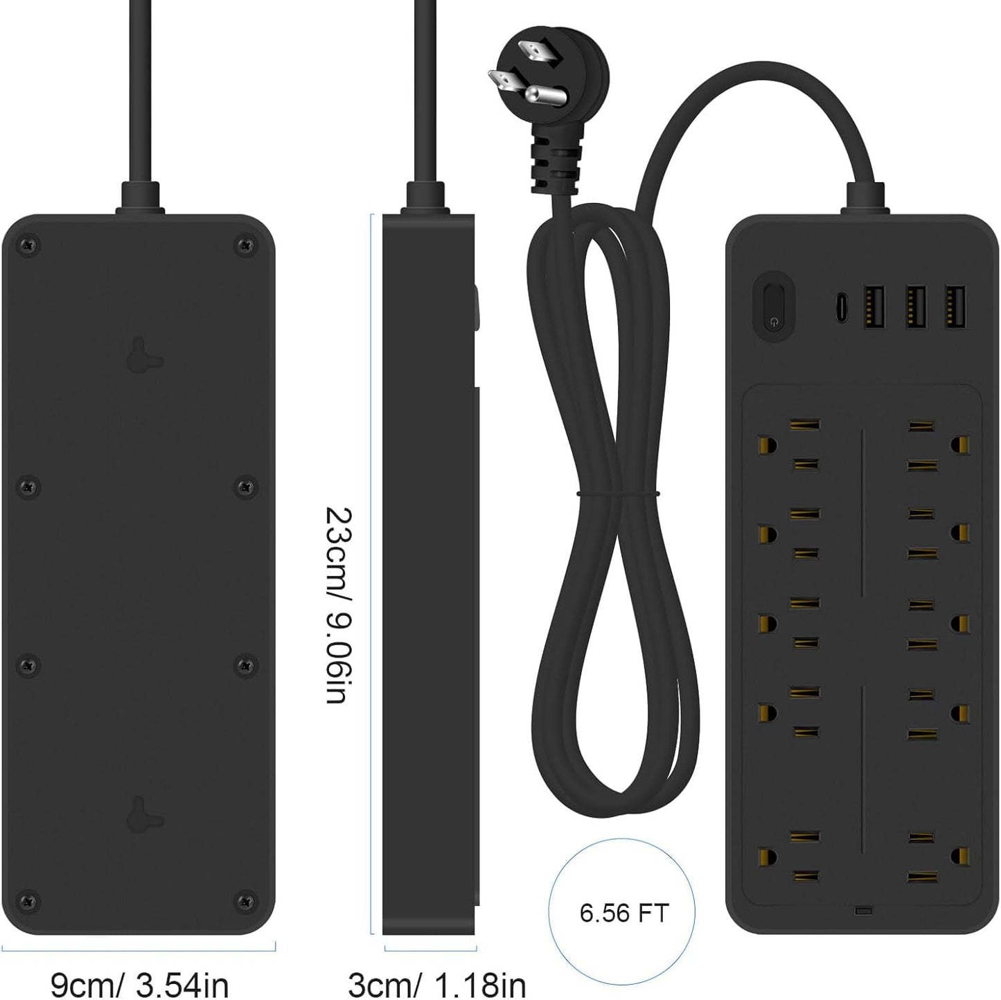 Power Strips with Surge Protection 16Awg Heavy Duty 2000W/13A 10 Outlets with 4 USB Ports (1 USB C) Extension Cord with Multiple Outlets 14-in-1 Flat Plug Power Strip Protector for Home Office White