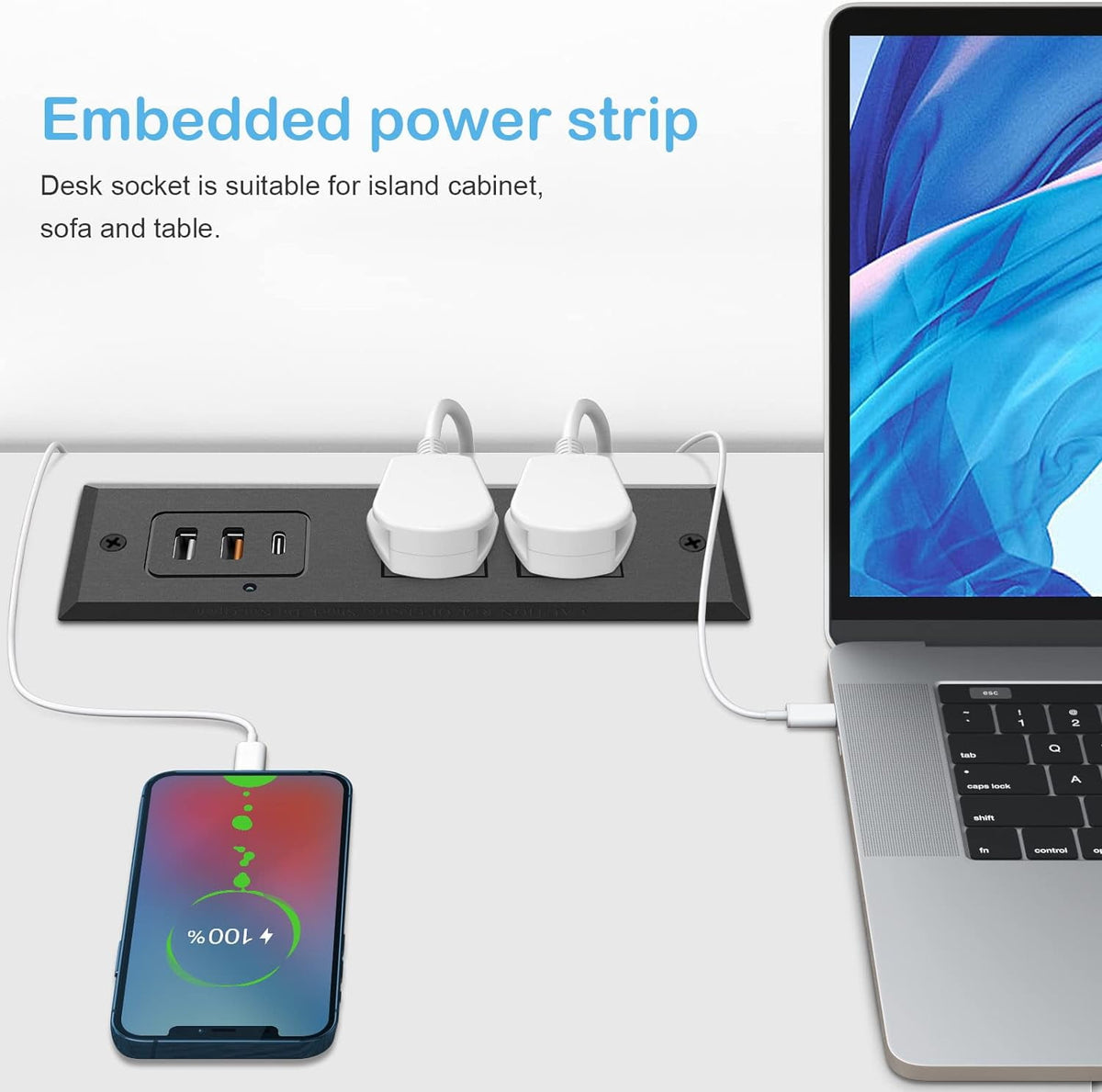 Recessed Power Strip with 20W USB C Port Fast Charging USB A Port Desk Outlet Furniture Hidden Charging Station for Side Table End Table with 6FT 45 Degree Flat Plug Extension Cord Black