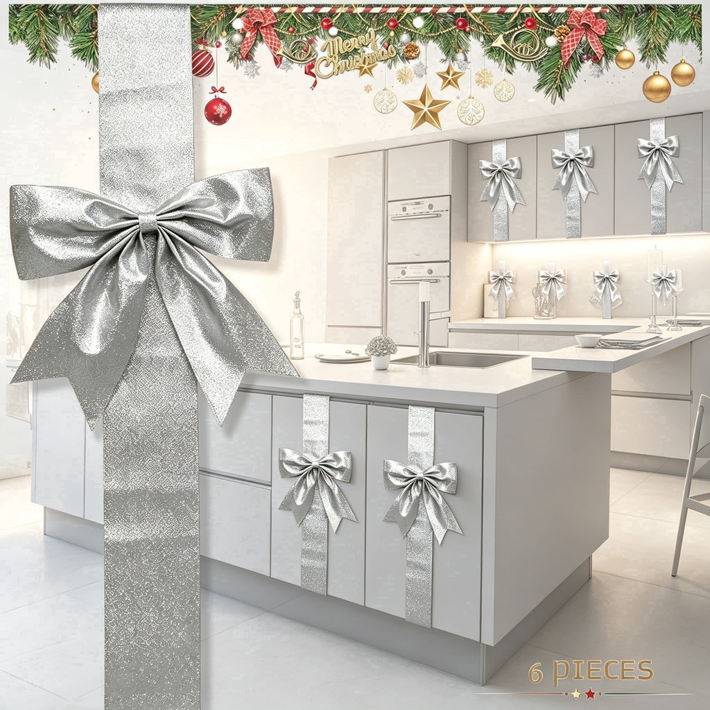 6 Pcs Large Christmas Cabinet Bows 8x40 Christmas Silver Ribbon Easy to Install on Cabinet Door Christmas Wreath Tree Bow Festival Decorations for Home Fireplace Door Holiday Party Wedding Supplies