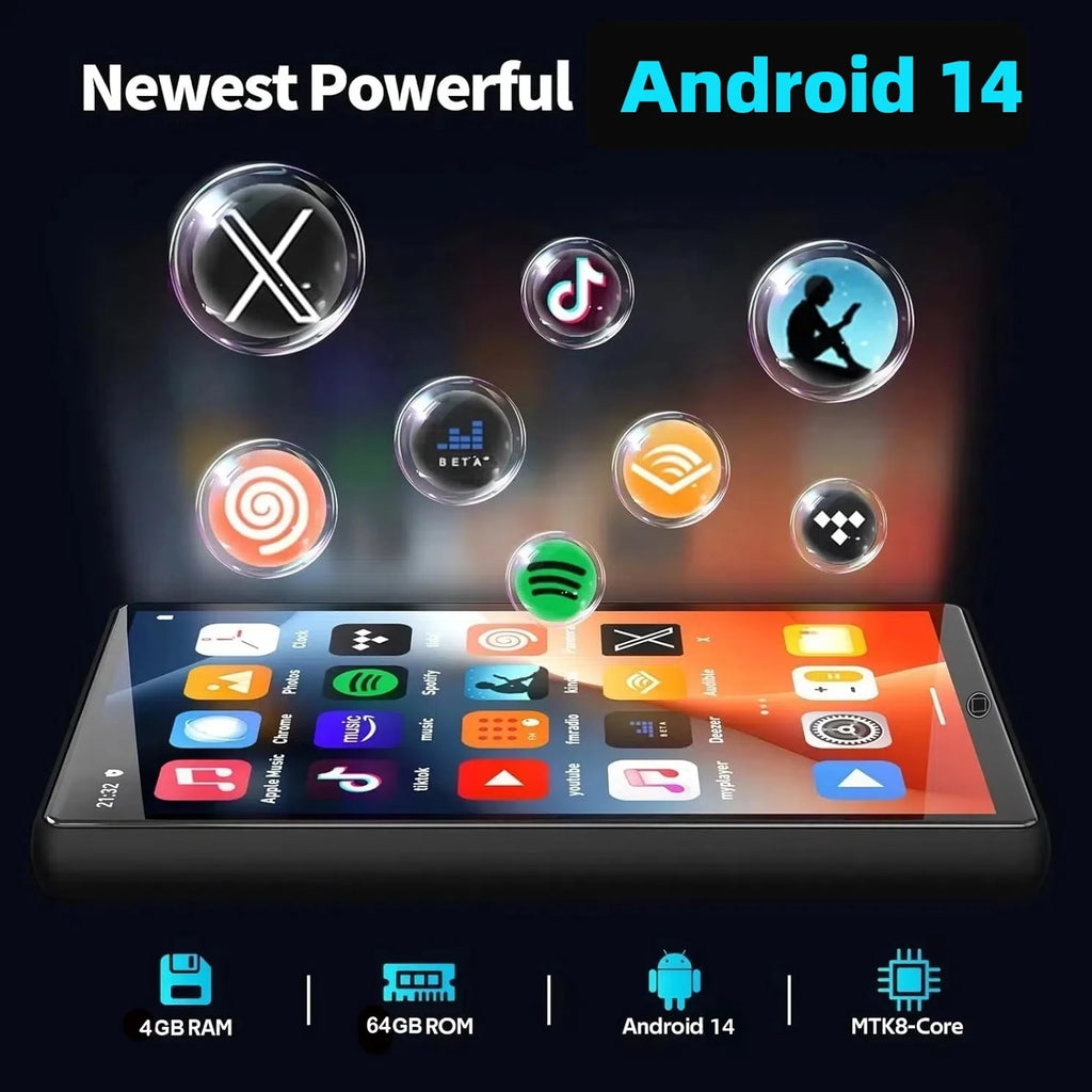 Upgraded 192GB MP3 Player with Bluetooth and WiFi Android 14 OS MP3 & MP4 Players with 4 Touchscreen and Speaker 4GB RAM & 64GB ROM 2500mAh Music Player with Spotify Audible Amazon Music Play Store