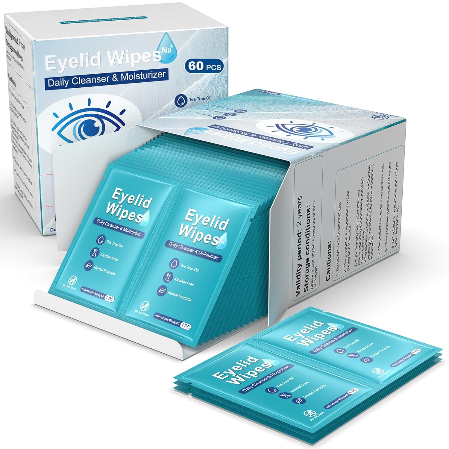 60PCS Tea Tree Oil Physiological Saline Eyelid Cleaning Wipes For Dry Eyes Daily Eye care for Removing Excess Oil and Debris from Eyelids & Lashes  Rinse Free Individually Wrapped Travel Eye Wipes