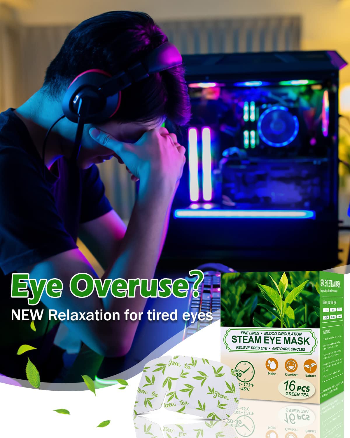 16 Packs Steam Eye Masks for Dry Eyes  Green Tea Warm Eye Mask  Relief Eye Fatigue Hot Sleep Eye Mask for Puffy Eyes Mask  Disposable Moist Heating Compress Pads for Sleeping  Self Heated Eye Mask