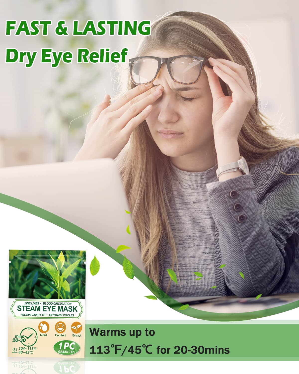 16 Packs Steam Eye Masks for Dry Eyes  Green Tea Warm Eye Mask  Relief Eye Fatigue Hot Sleep Eye Mask for Puffy Eyes Mask  Disposable Moist Heating Compress Pads for Sleeping  Self Heated Eye Mask