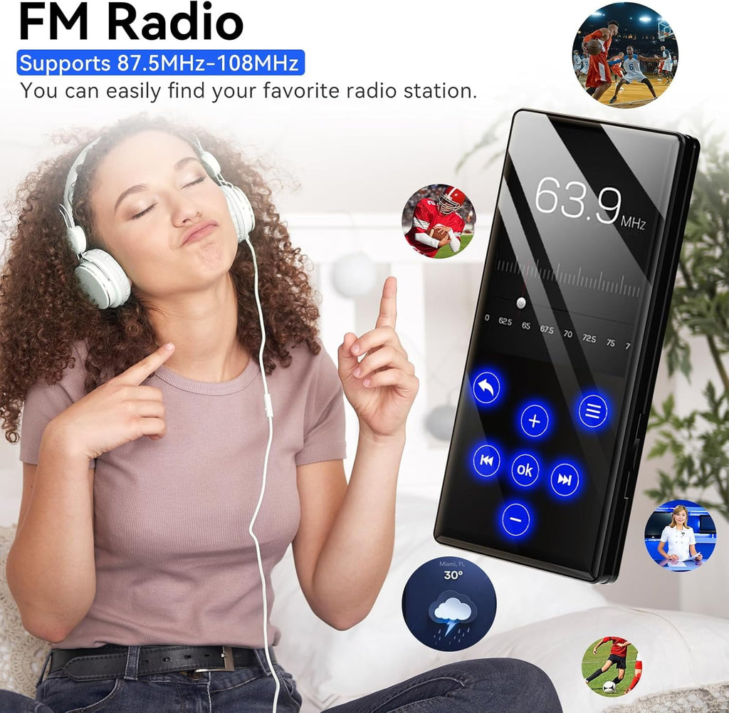 96GB MP3 Player with Bluetooth Portable Lossless Sound Music Player with HD Speaker 2.4 Screen Voice Recorder FM Radio Touch Buttons HiFi MP4 Player Built-in 32GB Support up to 128GB for Walking