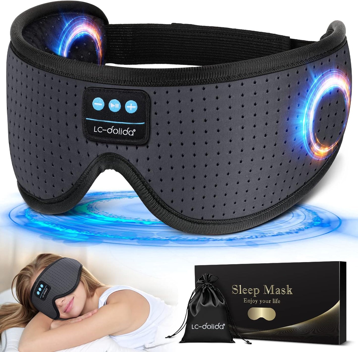 LC-dolida Sleep Headphones  White Noise Bluetooth Sleep Mask 3D Breathable Wireless Eye Mask for Timing  Sleep Mask with Bluetooth Headphones for Side Sleepers Travel Cool Gadgets for Women Men(Grey)
