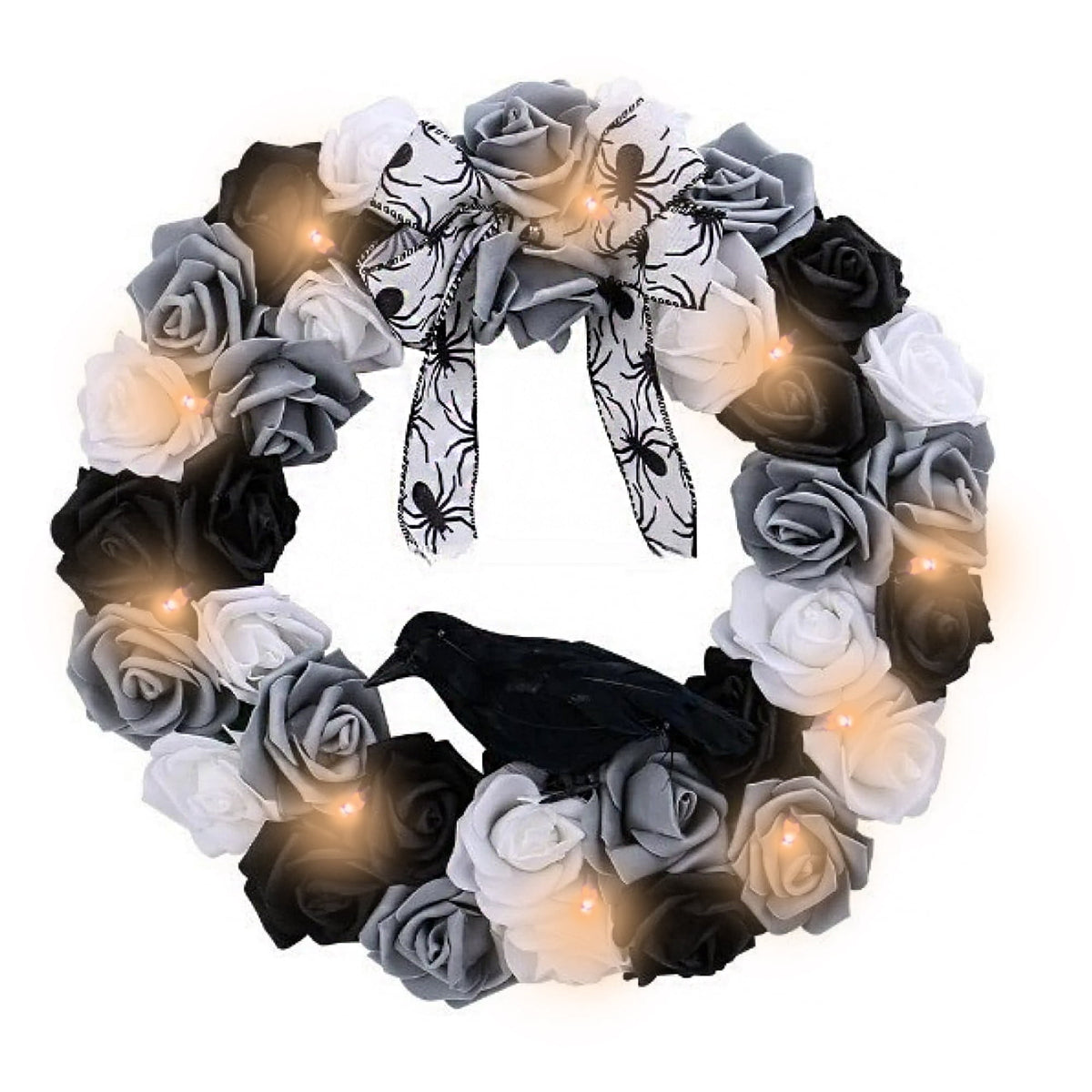 Halloween Decorative Wreath with Crow Roses Lights 13.7 Black White Flowers Gothic Garland for Wedding Creepy Decor Pendant Wreath for Front Door Porch Window Indoor Outdoor Home Halloween Decor