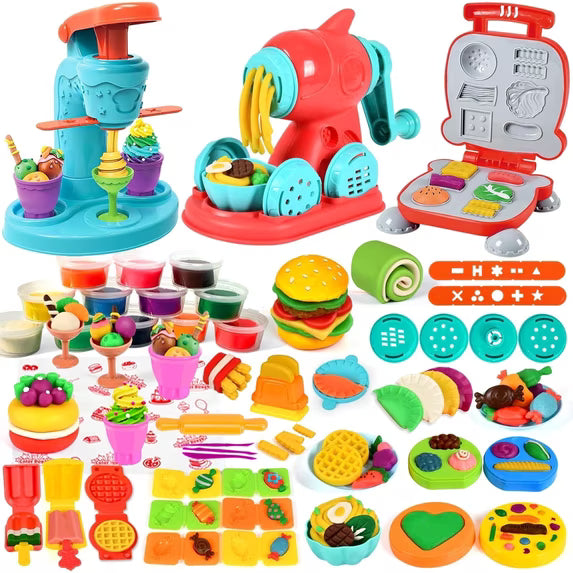 Playdough Sets for Kids, 3 in 1 Color Dough Kitchen Creations Set with Ice Cream Hamburger Noodle Maker Toy, Preschool Pretend Play Toys, Birthday Christmas Gifts for Boys Girls Toddlers Ages 3+