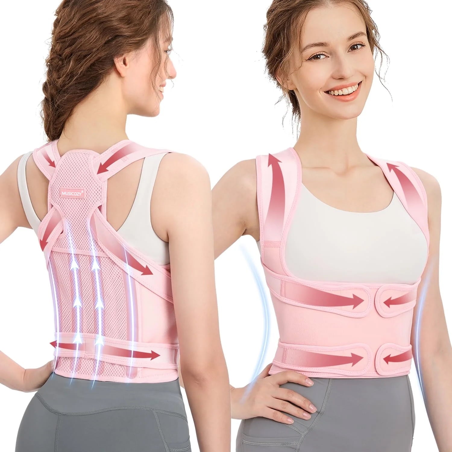 MUSICOZY Back Brace Posture Corrector for Women  Back Straightener Posture Corrector  Scoliosis and Hunchback Correction  Back Pain  Spine Corrector  Support  Adjustable Posture Trainer Pink Large