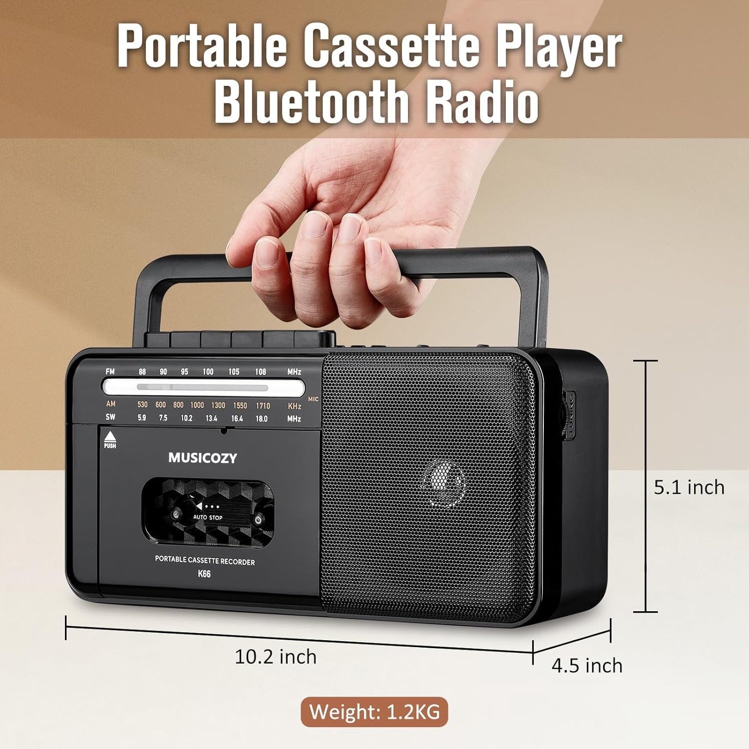 Cassette Tape Player Bluetooth Boombox  Cassette Player AM/FM/SW Radio Stereo  Tape Player/Recorder with Big Speaker and Earphone Jack  USB/TF Card Player  AC Powered or Battery Operated Grey
