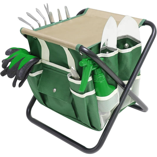 Garden Tool Set 12 Piece Gardening Kit with Heavy Duty Folding Stool Gardening Tools with Detachable Canvas Storage Tote Bag Stainless Steel Outdoor Hand Garden Tools  Gardening Gifts for Women Men