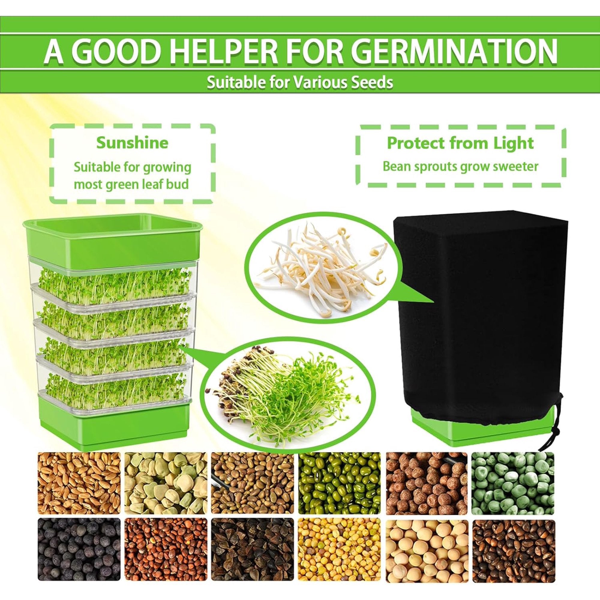 MUSICOZY 4 Layers Seed Sprouting Tray Kit with Drain Holes and Drain Tray  Upgrade Stackable Microgreens Fresh Organic Bean Seed Sprouter Tray Ripple Soil-Free Sprouter Tray for Beans Alfalfa Seeds