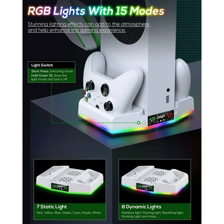 Cooling Stand & Charging Station for Xbox Series S with RGB Light - Dual Controller Charger & Cooler Fan for Xbox Series S Accessories with 2*1400mAH Batteries and Headphone Hook