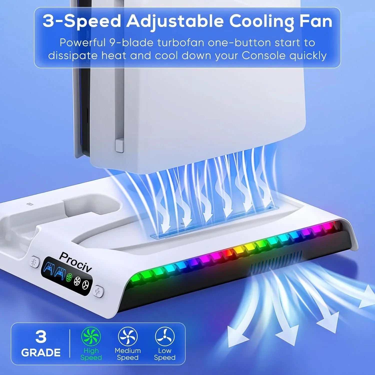 Prociv Charging Stand with Cooling Fan Only for PS5 Slim Console  Dual Controller Charger Station with 9 RGB Lights & Headset Hook & 3-Level Silent Fan  Cooler Accessories for PS5 Slim Digital/Disc