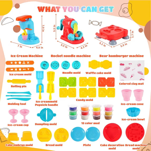 Playdough Sets for Kids, 3 in 1 Color Dough Kitchen Creations Set with Ice Cream Hamburger Noodle Maker Toy, Preschool Pretend Play Toys, Birthday Christmas Gifts for Boys Girls Toddlers Ages 3+