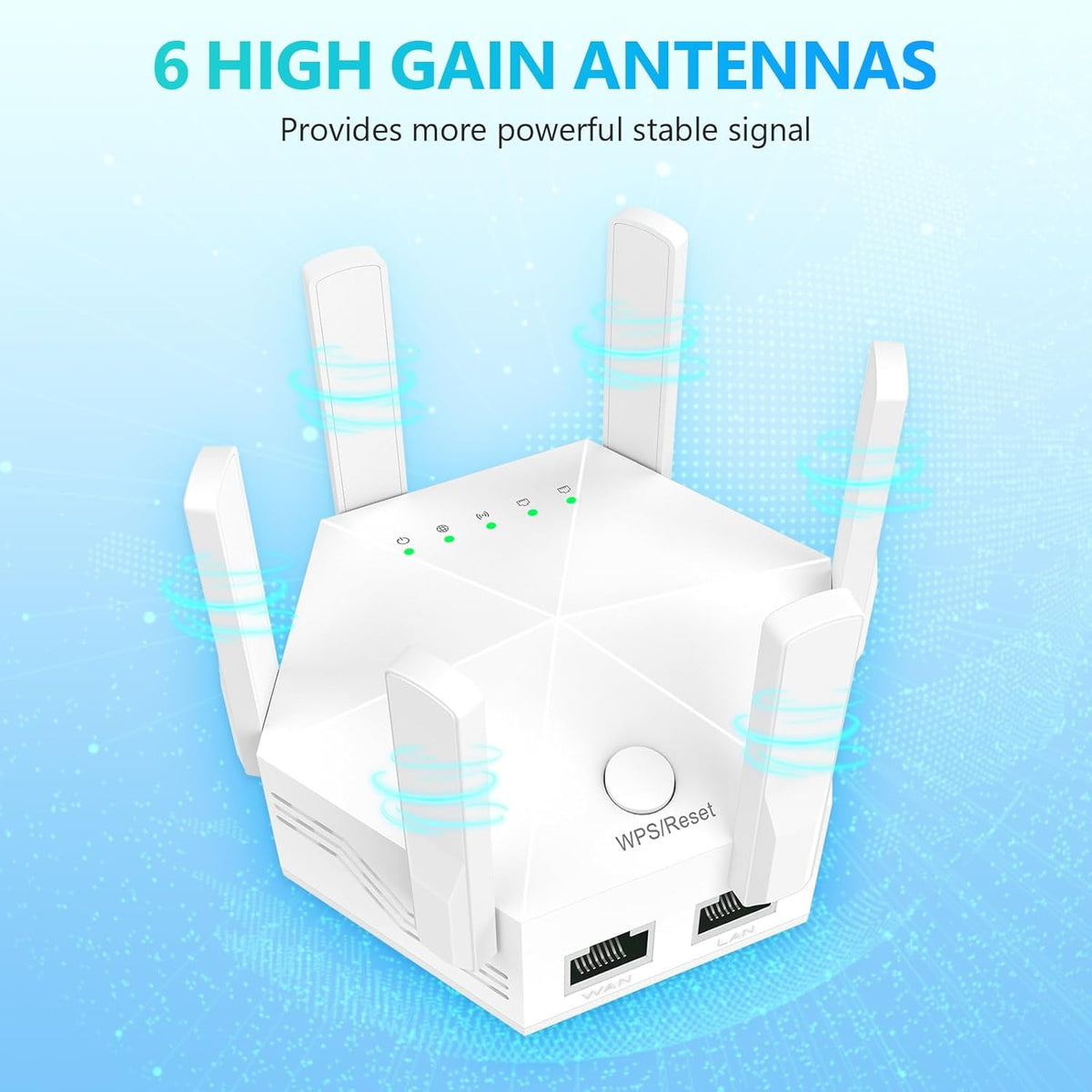 WiFi Amplifier WLAN Booster WLAN Repeater WiFi Range Extender 300Mbps(5999sq.ft) WiFi 2.4GHz Band WPS Wireless Signal Strong Penetrability with Ethernet Port 6 Antennas 360° Full Coverage