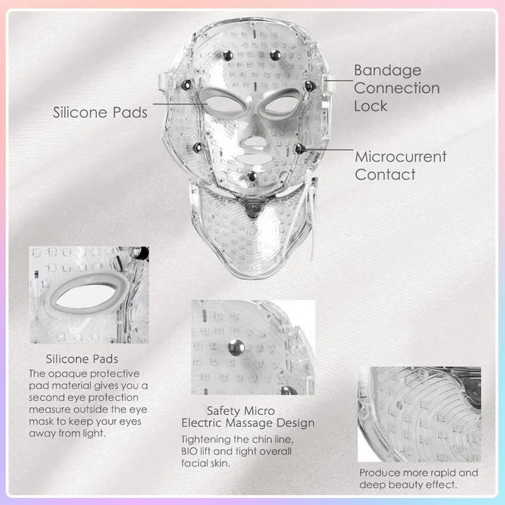 Led Face Mask Light Therapy, 7 Color Led Light Therapy Facial Mask Blue Red Light Therapy for Face Acne Reduction Skin Care Mask