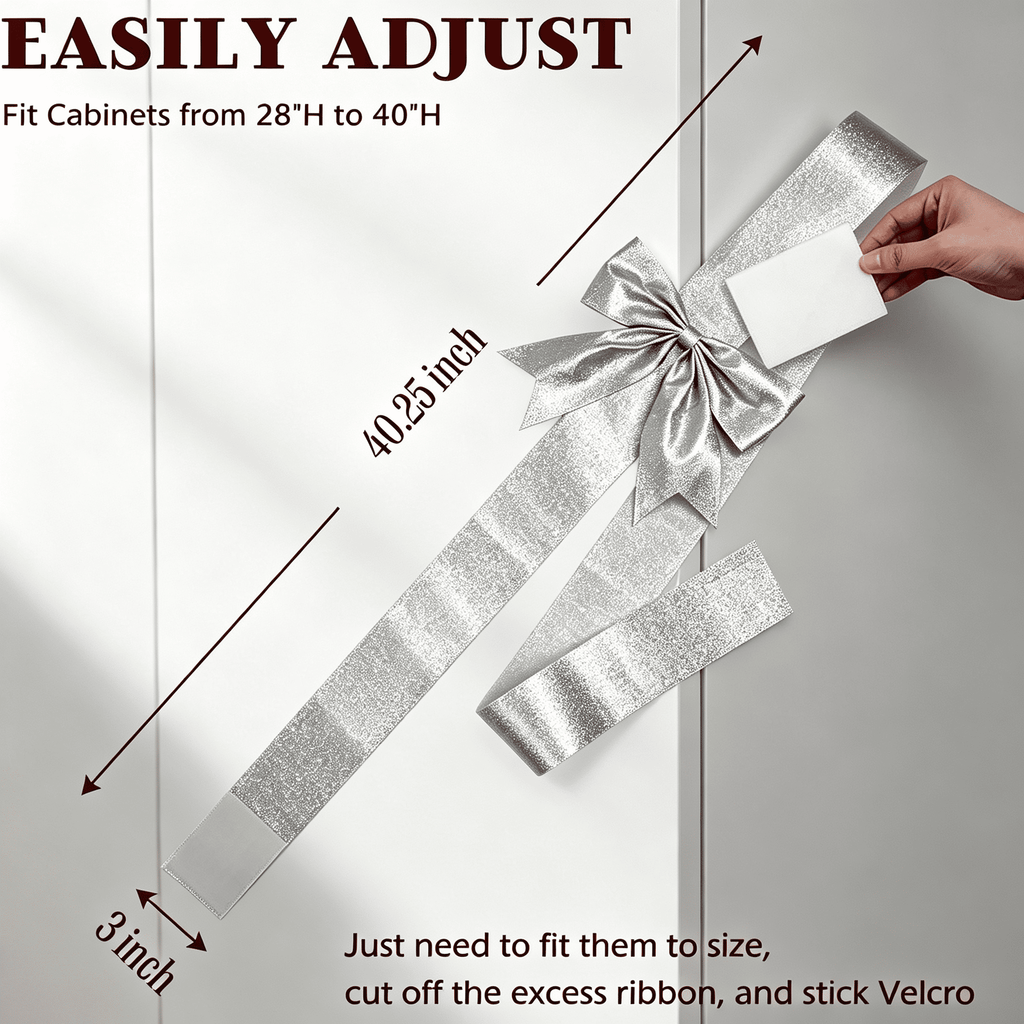 6 Pcs Large Christmas Cabinet Bows 8x40 Christmas Silver Ribbon Easy to Install on Cabinet Door Christmas Wreath Tree Bow Festival Decorations for Home Fireplace Door Holiday Party Wedding Supplies