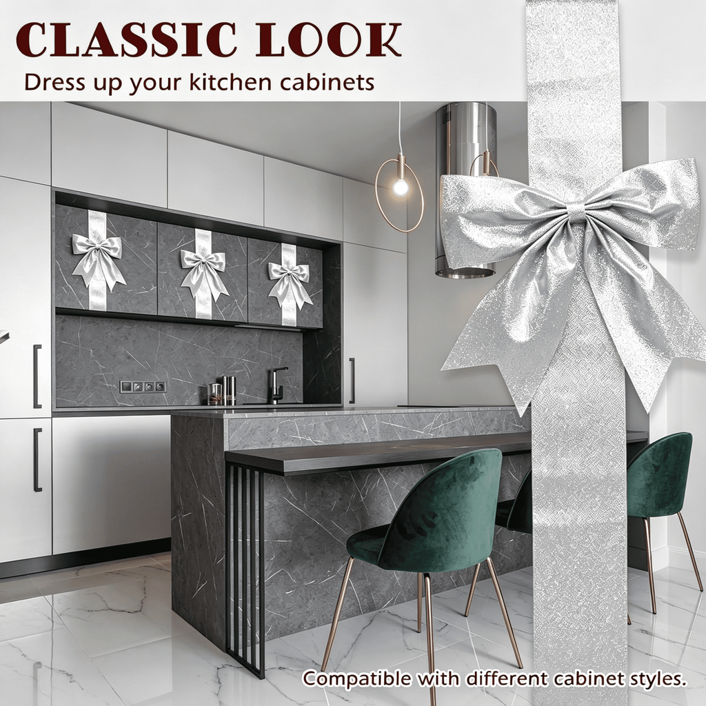 6 Pcs Large Christmas Cabinet Bows 8x40 Christmas Silver Ribbon Easy to Install on Cabinet Door Christmas Wreath Tree Bow Festival Decorations for Home Fireplace Door Holiday Party Wedding Supplies