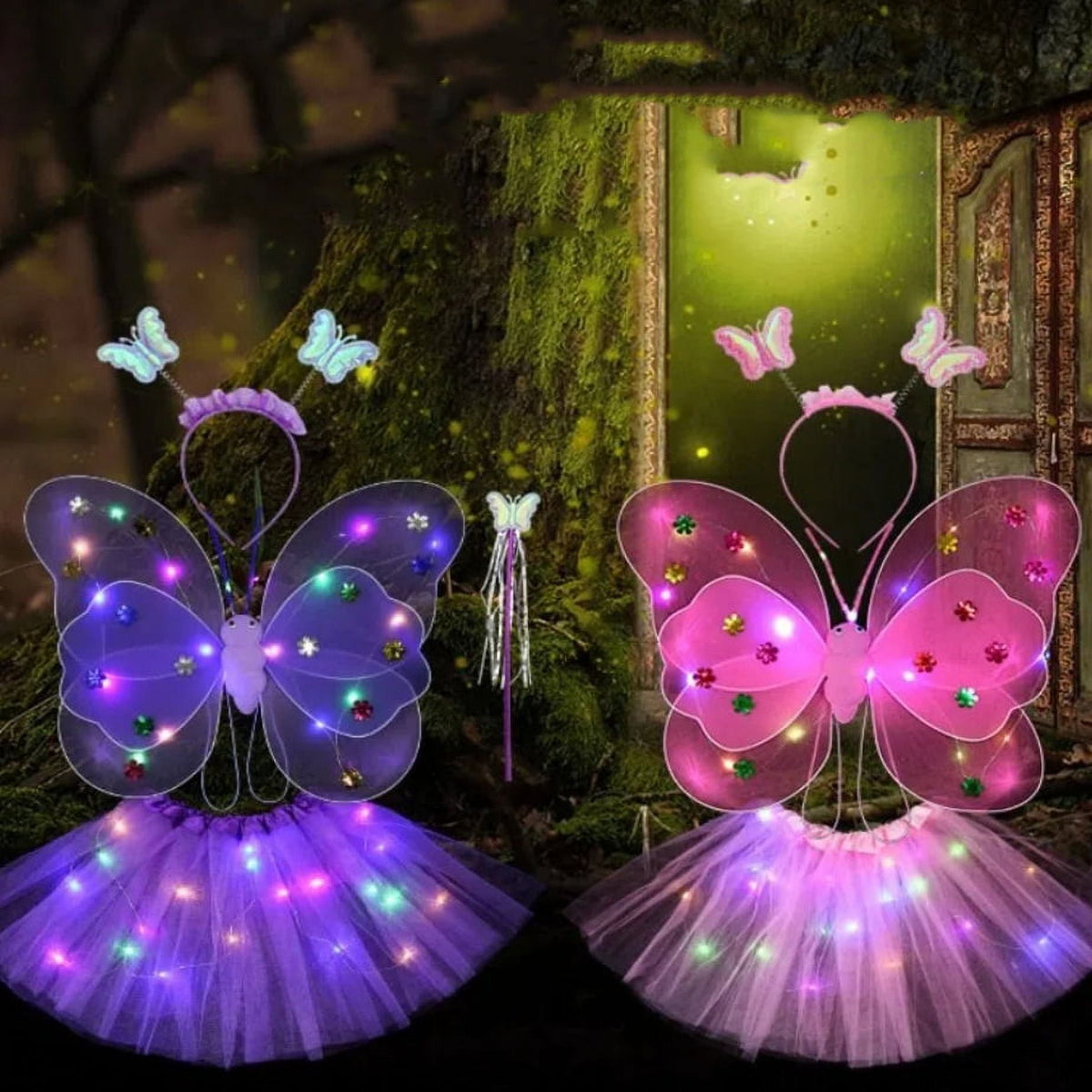 LED Children Costume Props Halloween Christmas gifts Fairy Princess Kids Costume Sets Butterfly Wings Wand Headband Tutu Skirt New Year Gifts for 3 4 5 6 7 8 Years Old Girls Blue with Light