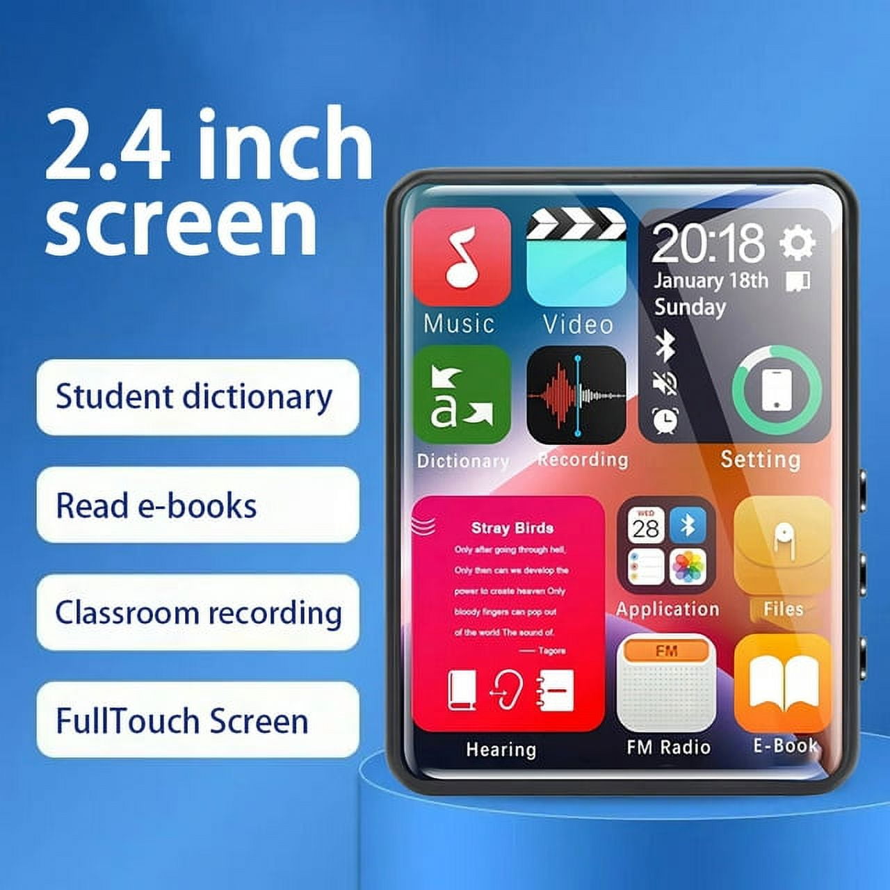 128GB Support MP3 Player 2.4 Inch Touch Screen Music Player Black Hifi Bluetooth Lossless Audio Recorder FM Radio Mp4 Video Player Ebook