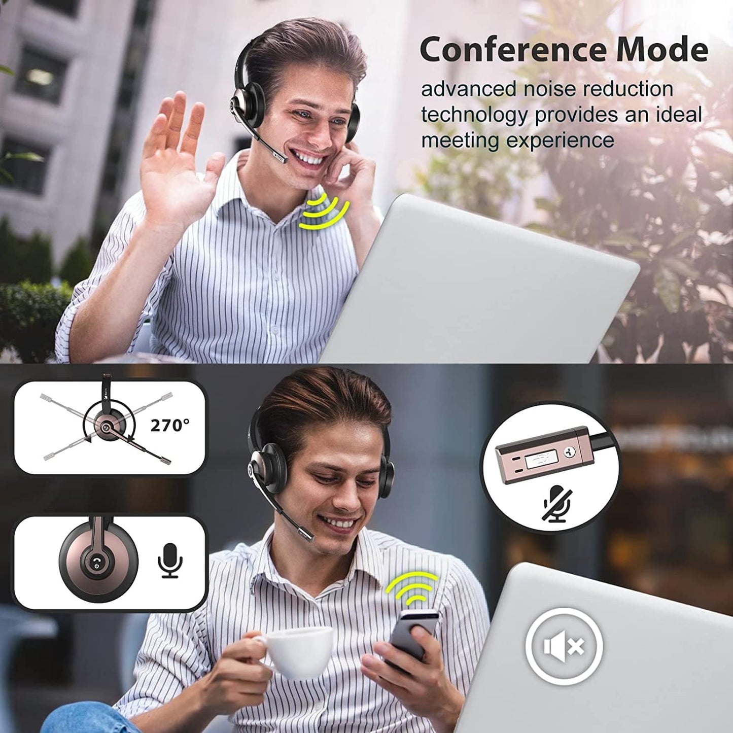 MUSICOZY Bluetooth Headset with Microphone Wireless Headphones with Noise Cancelling Mic 26hrs talktime On Ear Headphones with Mic Mute for Mac/Laptop/Zoom/Teams/Call Center/Office/Home Rose Gold